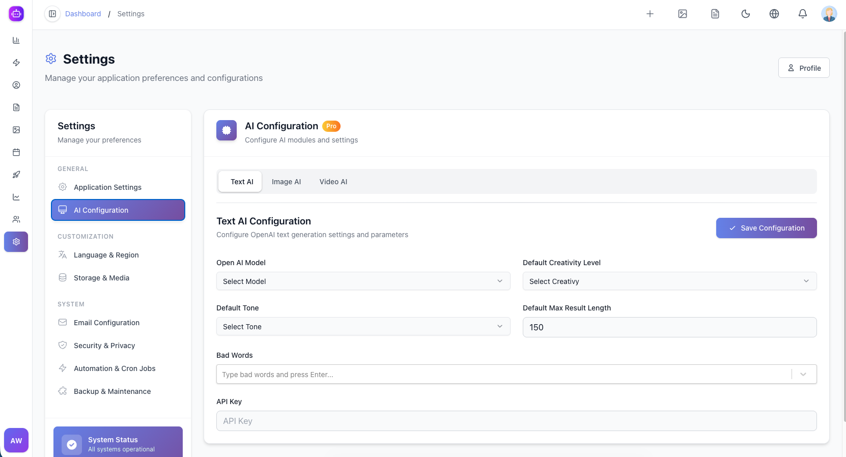 AI Configuration Panel