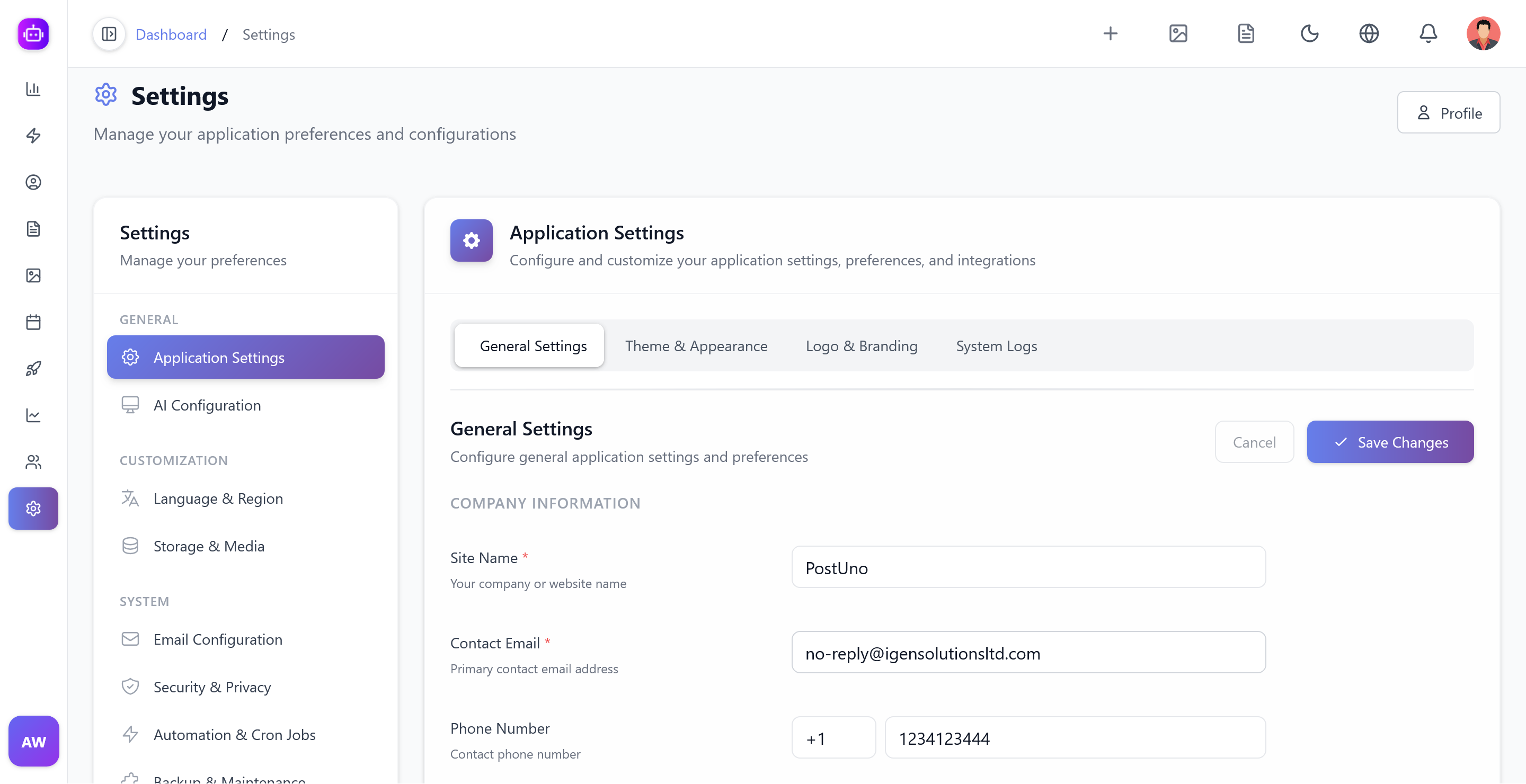 General Settings Interface